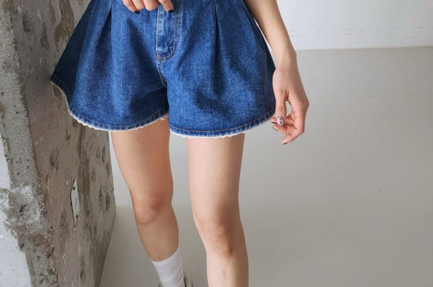 High Waist Lace Trim Denim Shorts