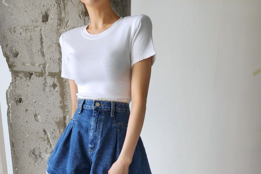 High Waist Lace Trim Denim Shorts