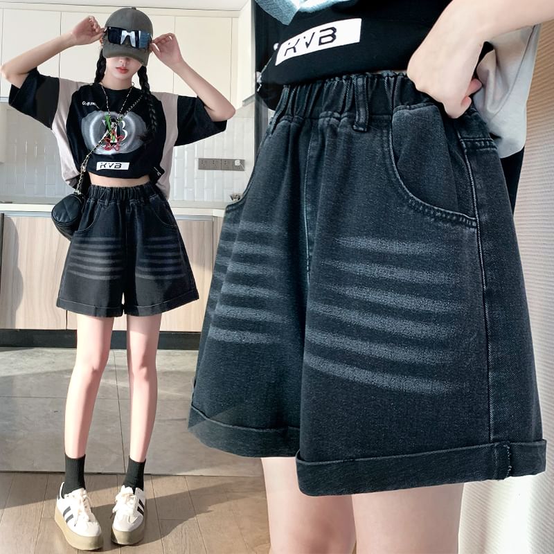 Elastic Waist Washed Denim Shorts