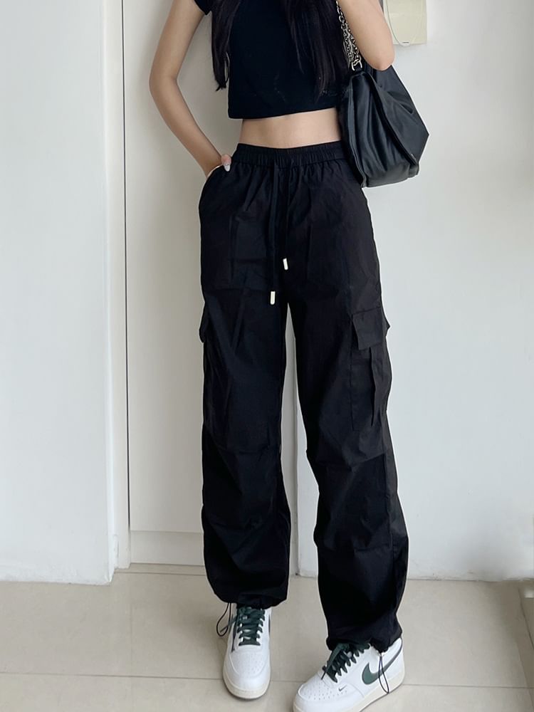 High Rise Plain Cargo Straight Leg Pants