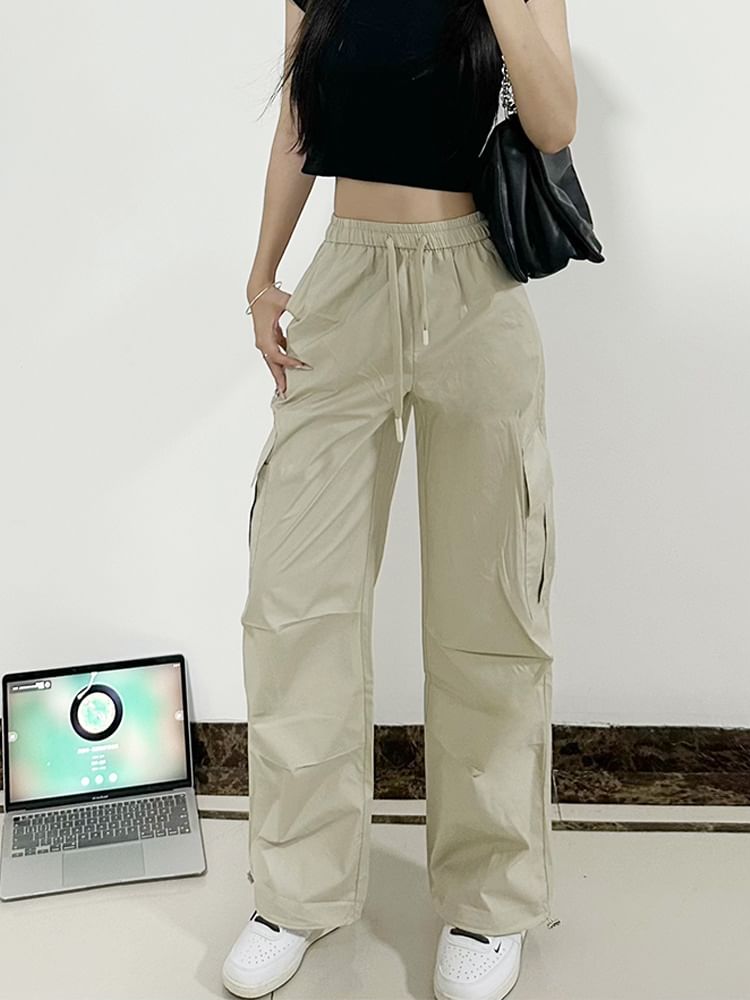 High Rise Plain Cargo Straight Leg Pants