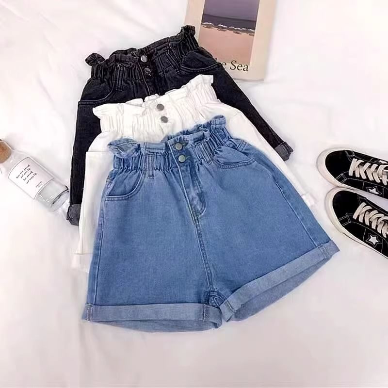 High Waist Paperbag Washed Denim Shorts