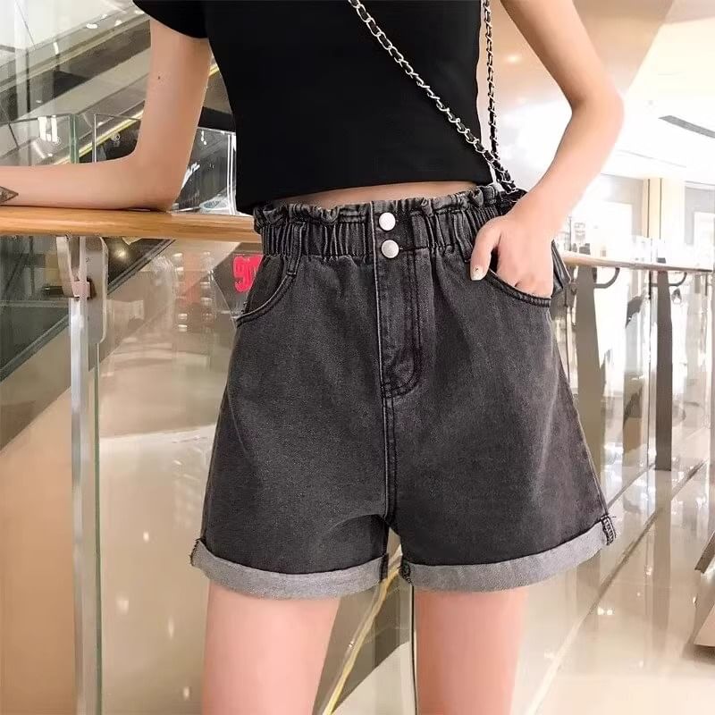 High Waist Paperbag Washed Denim Shorts