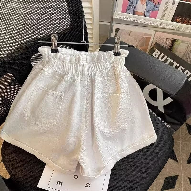 High Waist Paperbag Washed Denim Shorts