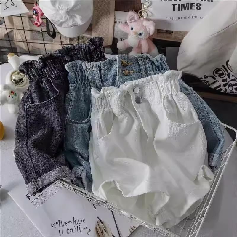 High Waist Paperbag Washed Denim Shorts