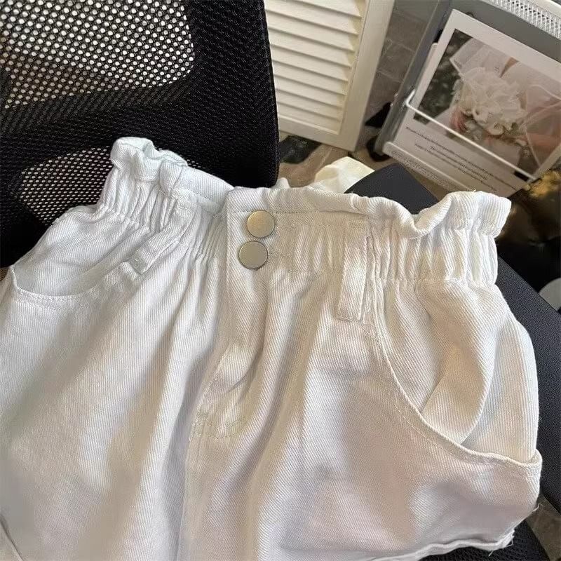 High Waist Paperbag Washed Denim Shorts