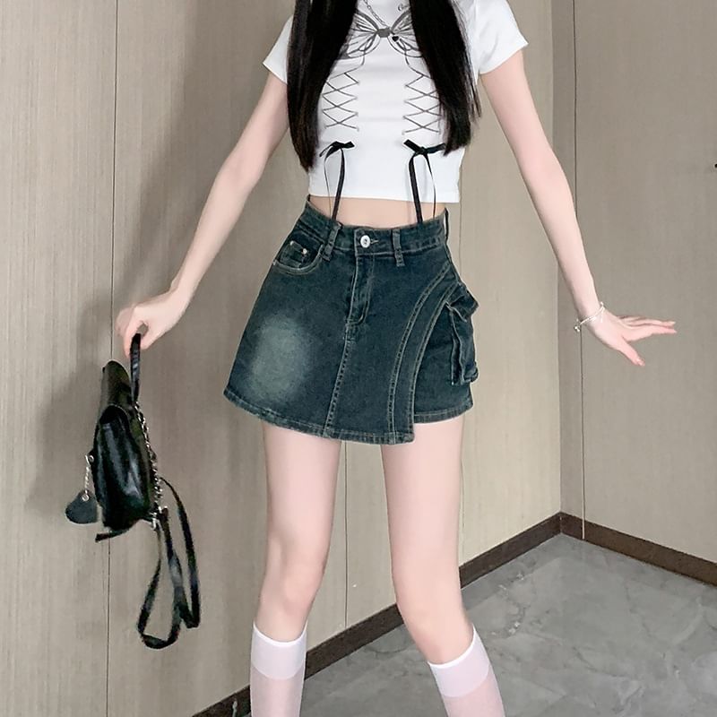 High Waist Asymmetrical Denim Skort