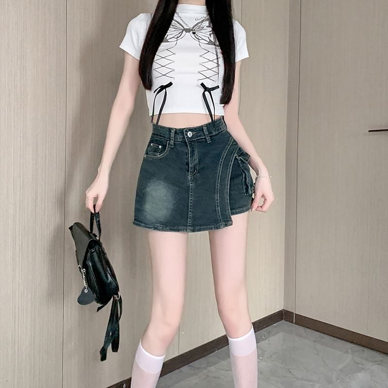 High Waist Asymmetrical Denim Skort