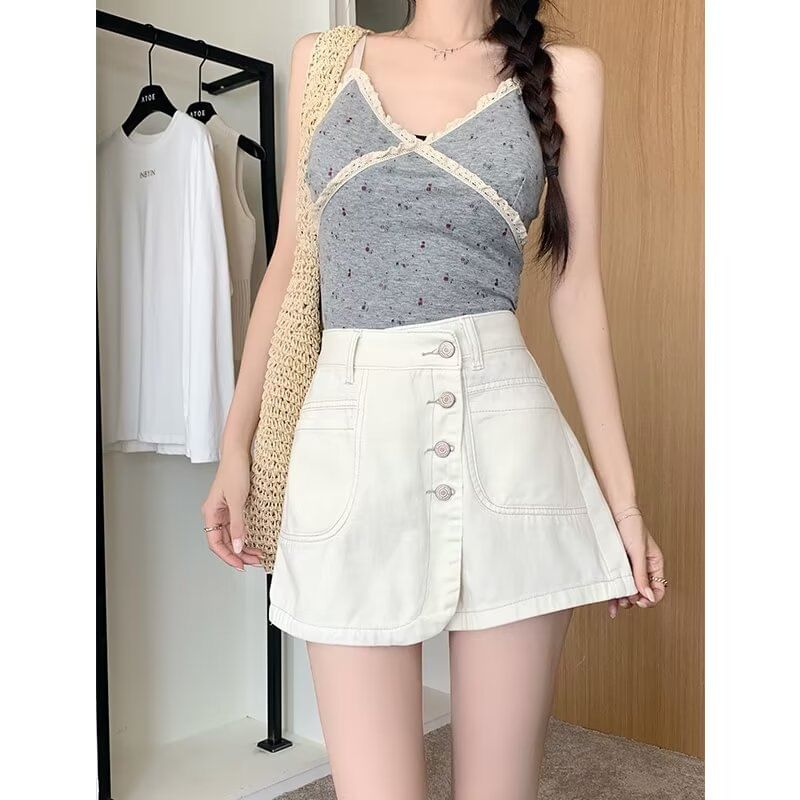 Mid Waist Washed Denim Wrap Skorts