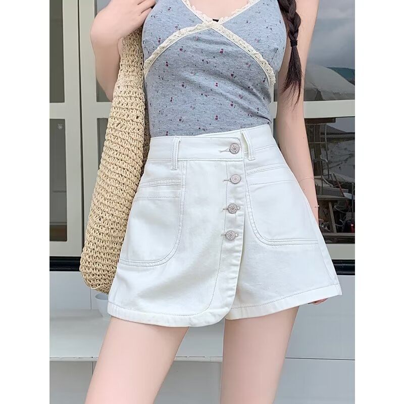 Mid Waist Washed Denim Wrap Skorts