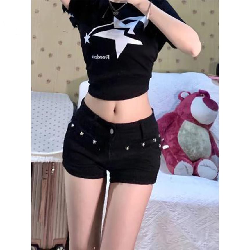 Mid Rise Studded Denim Shorts