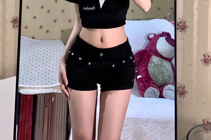 Mid Rise Studded Denim Shorts