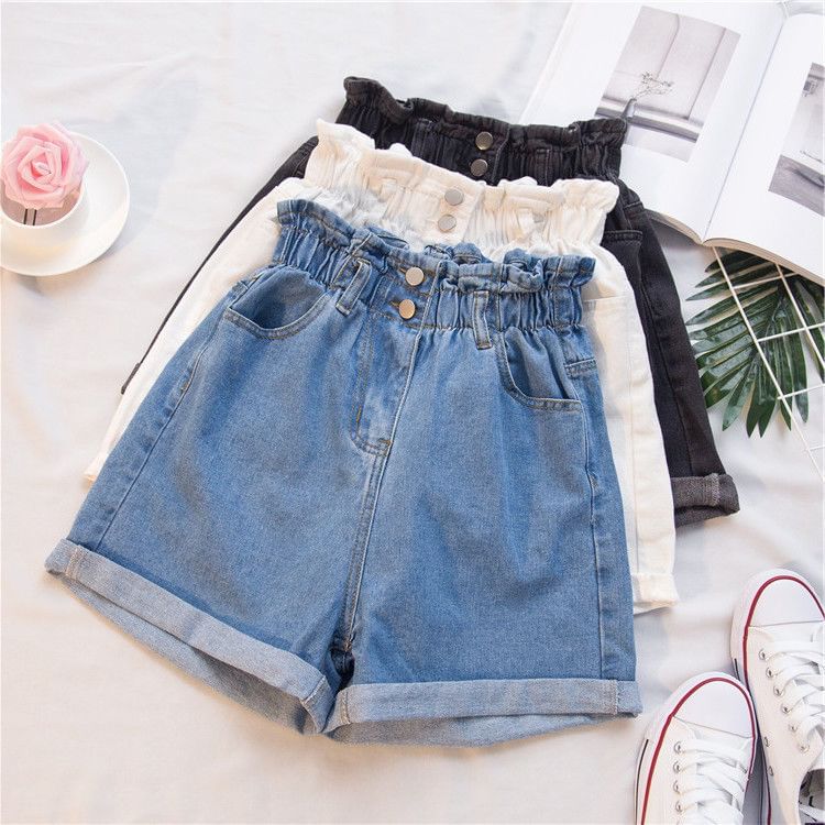 High Waist Washed Denim Shorts