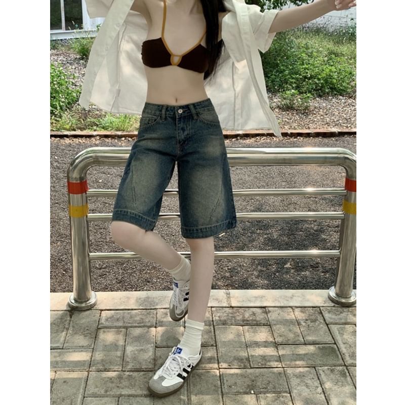 Mid Rise Washed Denim Shorts