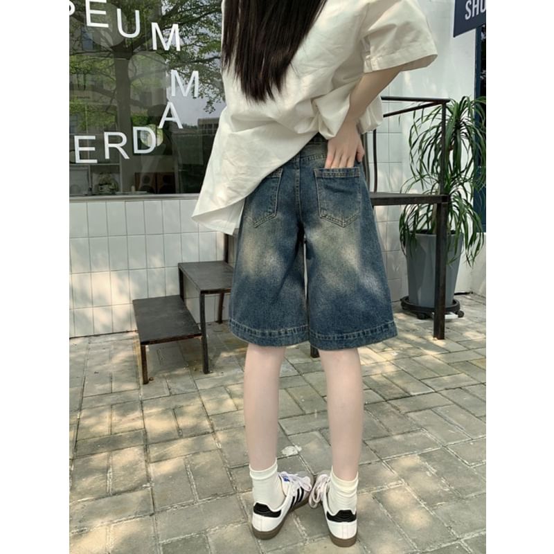 Mid Rise Washed Denim Shorts
