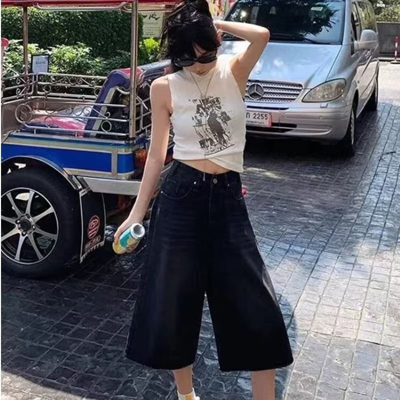 Mid Waist Washed Wide Leg Jorts