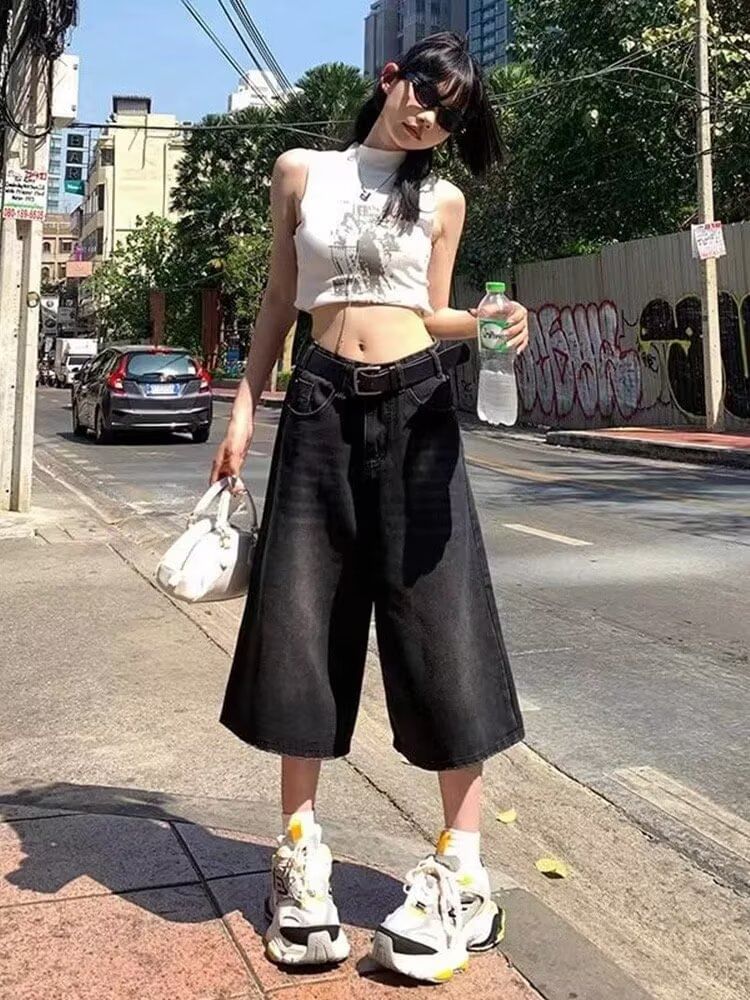 Mid Waist Washed Wide Leg Jorts