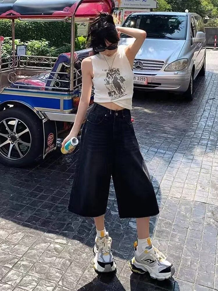 Mid Waist Washed Wide Leg Jorts