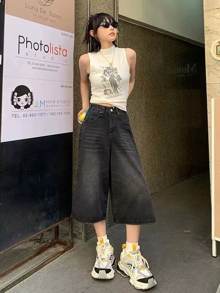 Mid Waist Washed Wide Leg Jorts