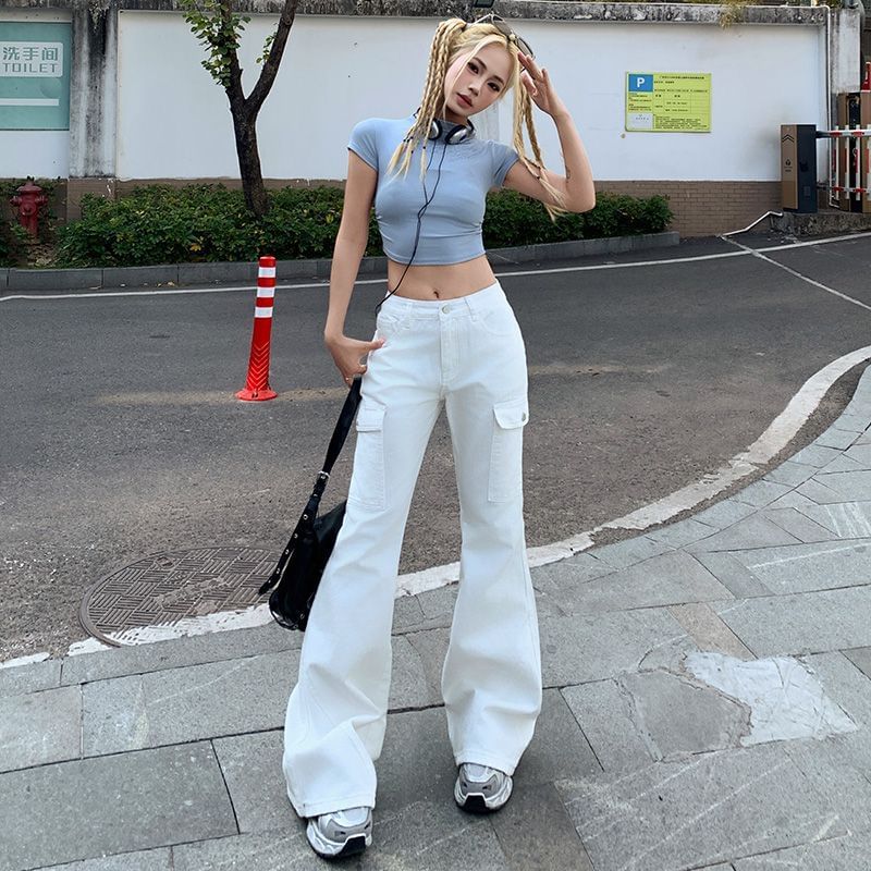 Mid Rise Plain Bootcut Cargo Pants