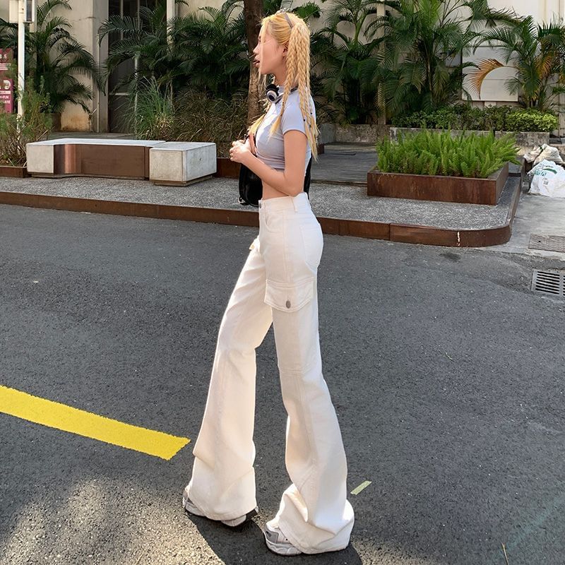Mid Rise Plain Bootcut Cargo Pants