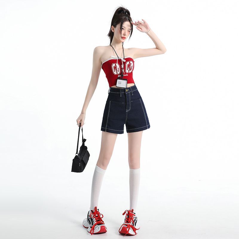 High Waist Contrast Stitched Denim Shorts