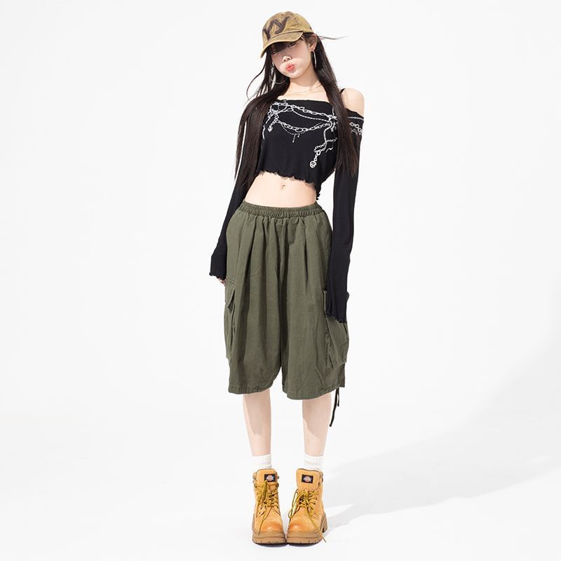 High Waist Wide Leg Cargo Capri Pants