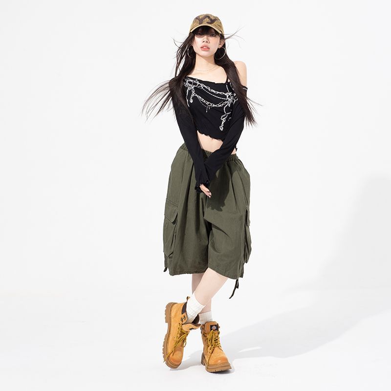 High Waist Wide Leg Cargo Capri Pants