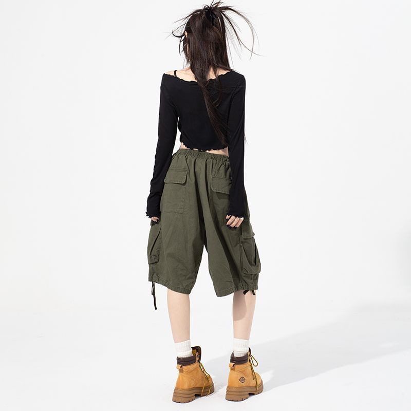 High Waist Wide Leg Cargo Capri Pants