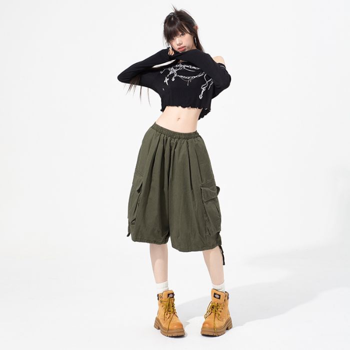 High Waist Wide Leg Cargo Capri Pants