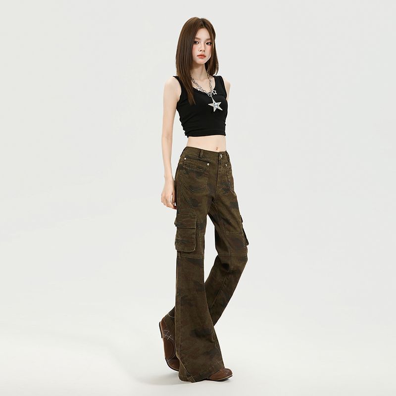 Mid Waist Camouflaged Flared Cargo Pants (Various Designs)