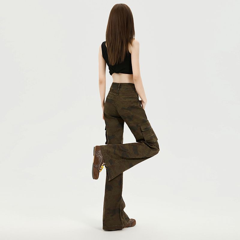 Mid Waist Camouflaged Flared Cargo Pants (Various Designs)