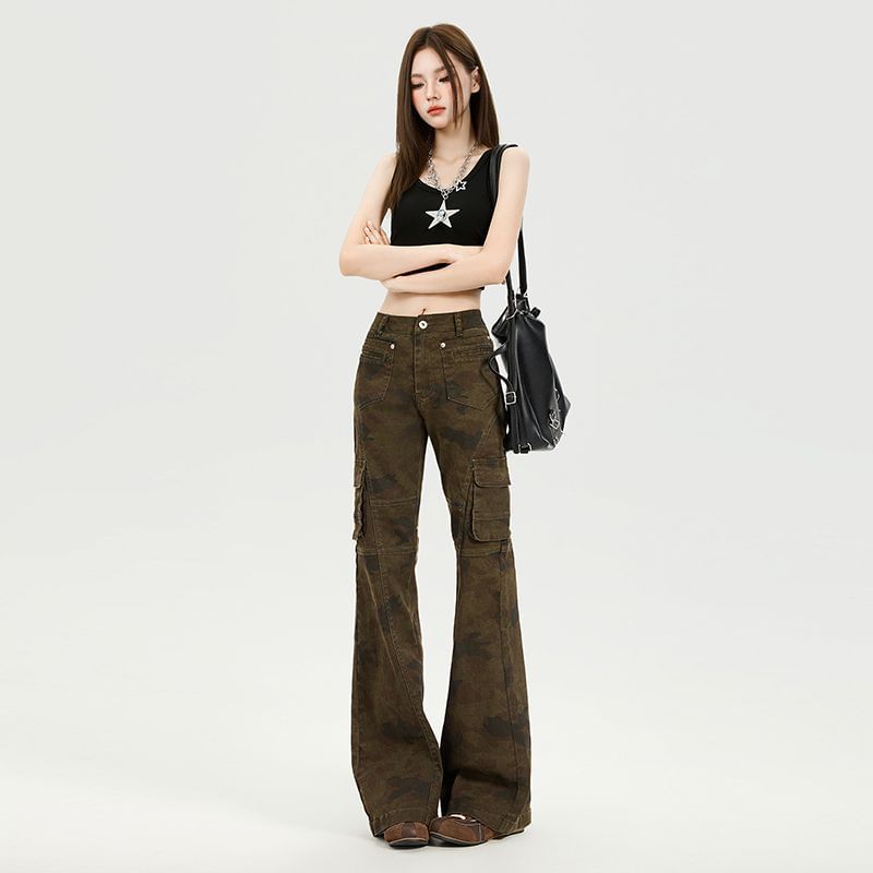 Mid Waist Camouflaged Flared Cargo Pants (Various Designs)
