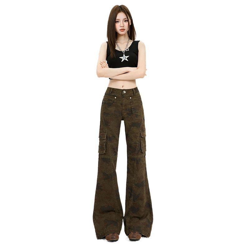 Mid Waist Camouflaged Flared Cargo Pants (Various Designs)