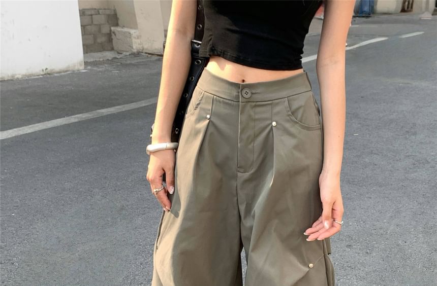 Mid Rise Plain Studded Baggy Cargo Pants