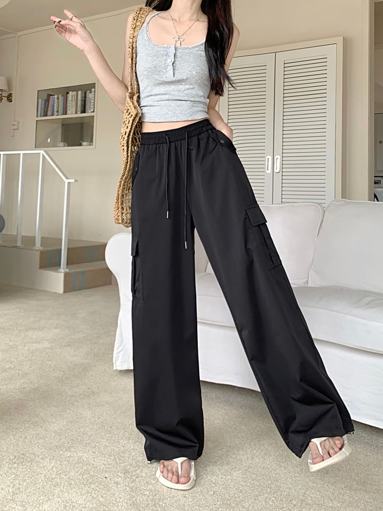 High Rise Plain Wide Leg Cargo Pants