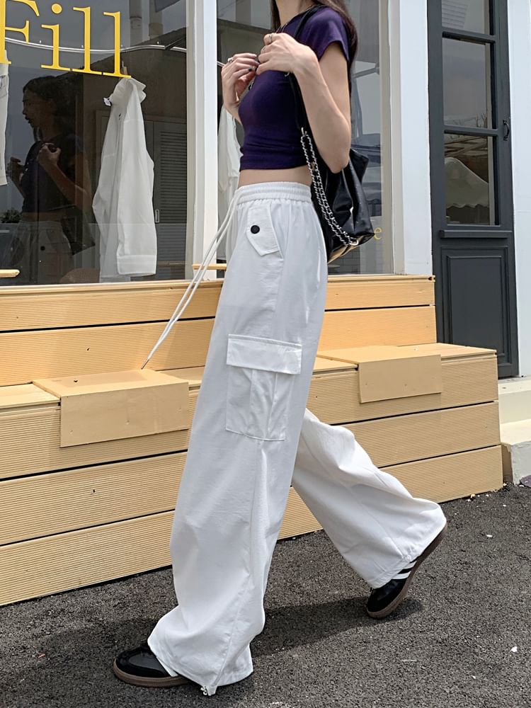 High Rise Plain Wide Leg Cargo Pants