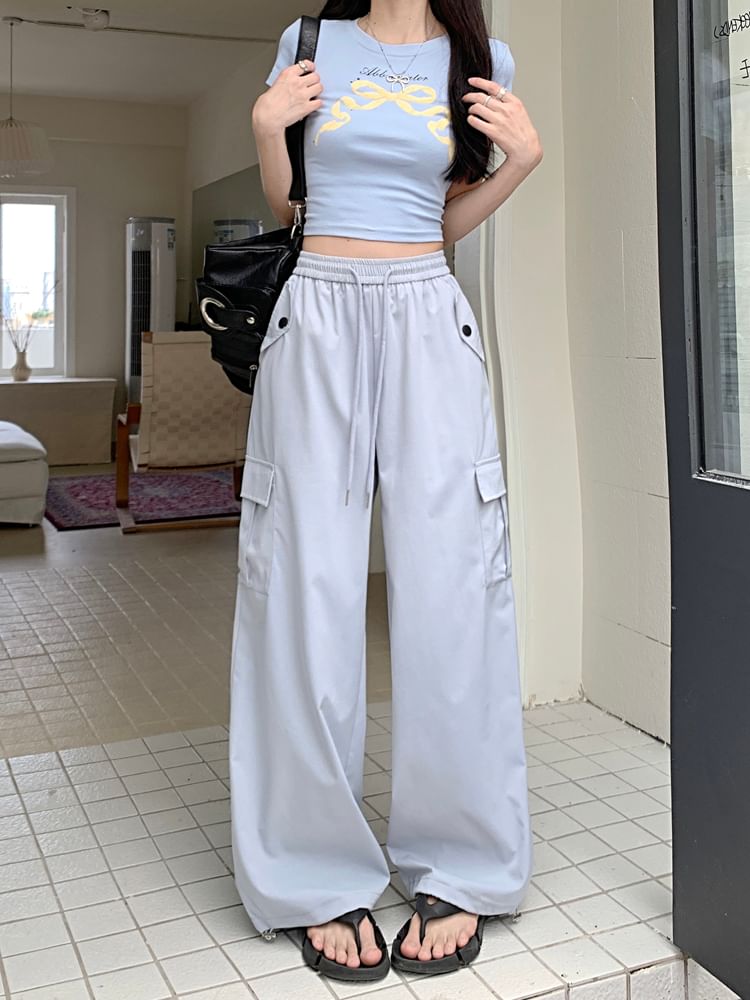High Rise Plain Wide Leg Cargo Pants