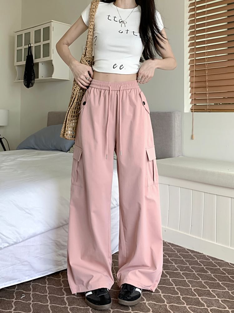 High Rise Plain Wide Leg Cargo Pants