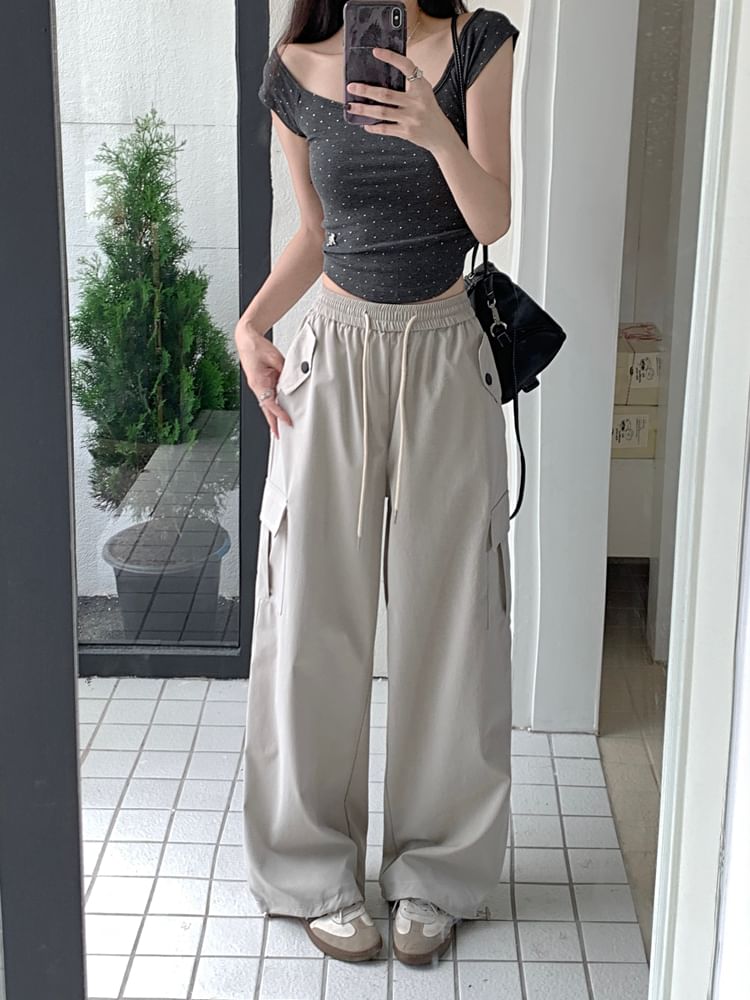High Rise Plain Wide Leg Cargo Pants
