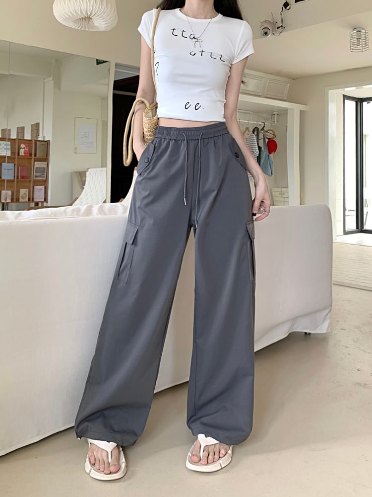 High Rise Plain Wide Leg Cargo Pants