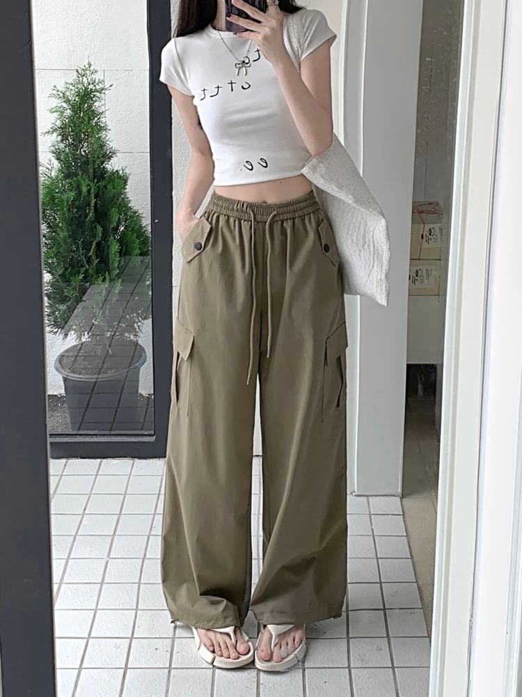 High Rise Plain Wide Leg Cargo Pants