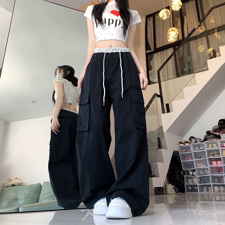 Mid Waist Panel Lace Baggy Cargo Pants