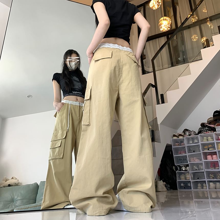 Mid Waist Panel Lace Baggy Cargo Pants