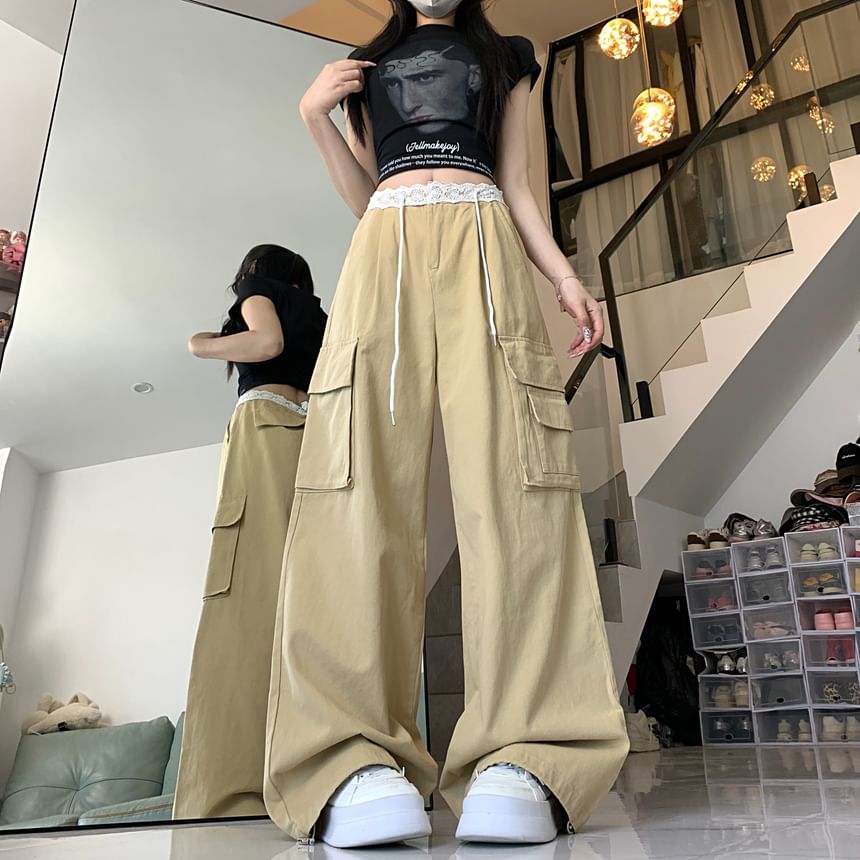Mid Waist Panel Lace Baggy Cargo Pants