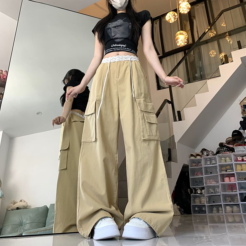 Mid Waist Panel Lace Baggy Cargo Pants