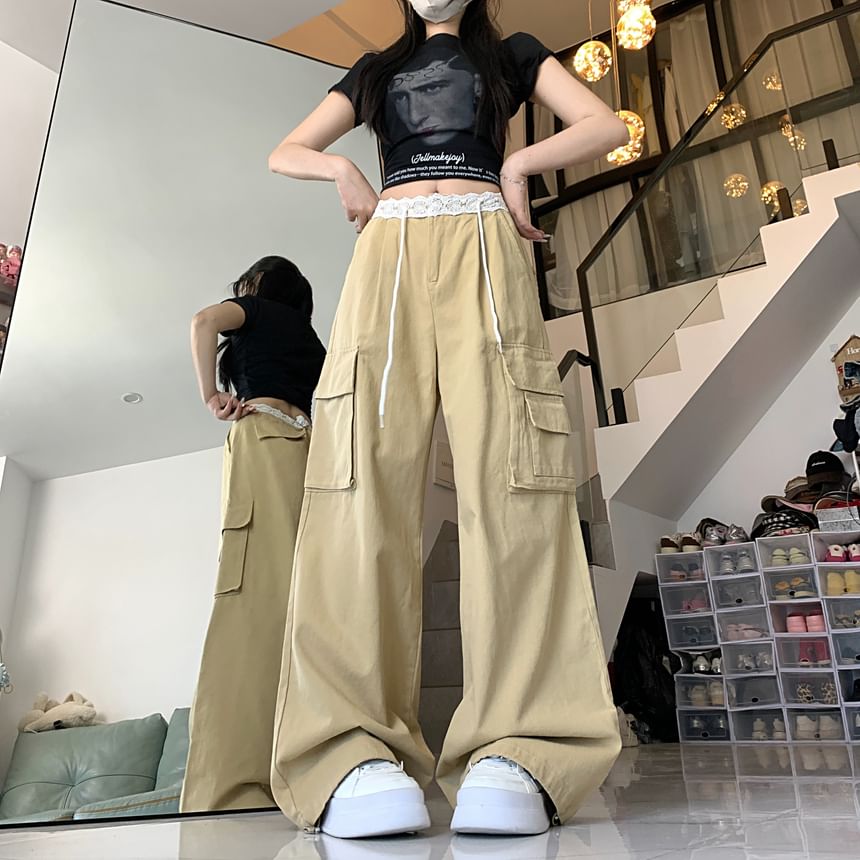Mid Waist Panel Lace Baggy Cargo Pants
