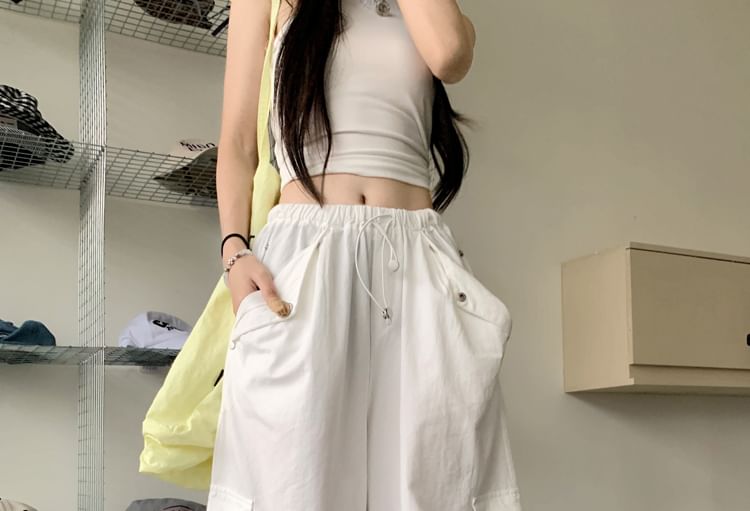 Drawstring Waist Plain Baggy Cargo Pants
