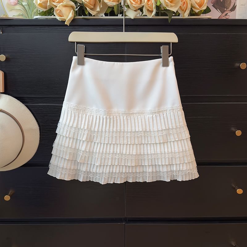 Lace-Trimmed Pleated Mini Skirt with High Rise