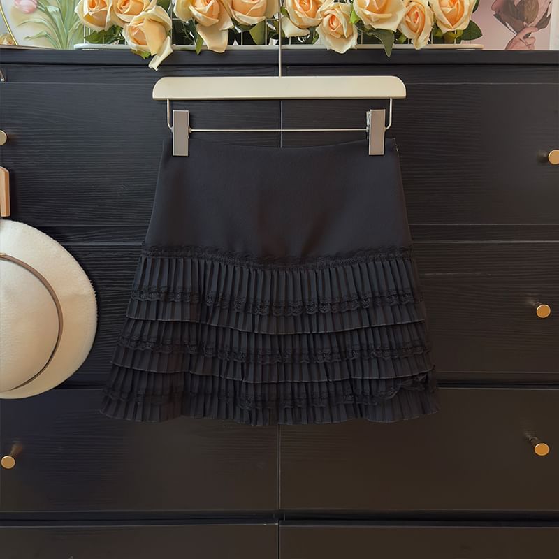 Lace-Trimmed Pleated Mini Skirt with High Rise